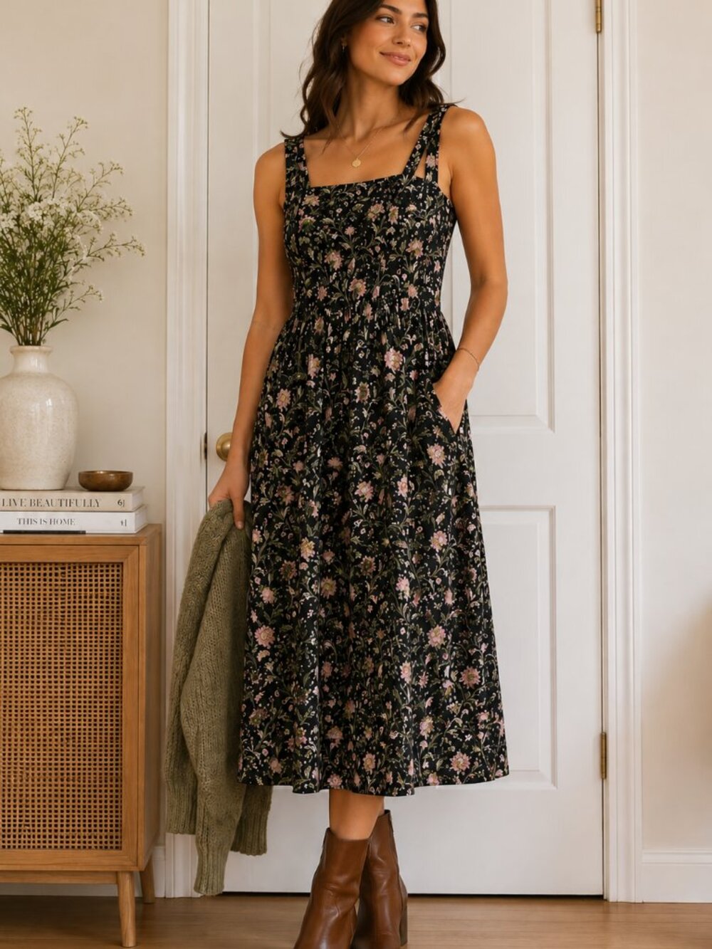 Joie Floral Cotton Midi Dress XL Square Neck Smocked | Back Pockets | Cottage ✨